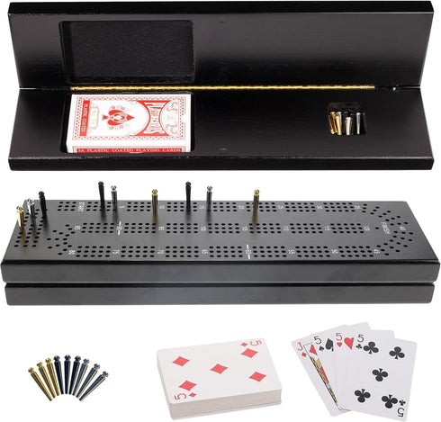 WE Games Wooden Cribbage Board Game Set with Storage, Black Stained Continuous