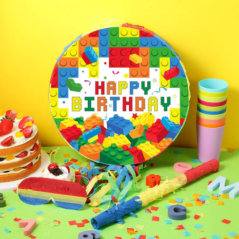 Building Blocks Piñata Set, Happy Birthday Block Party Supplies, Fiesta Piñata Bundle with Blindfold, Bat Stick,