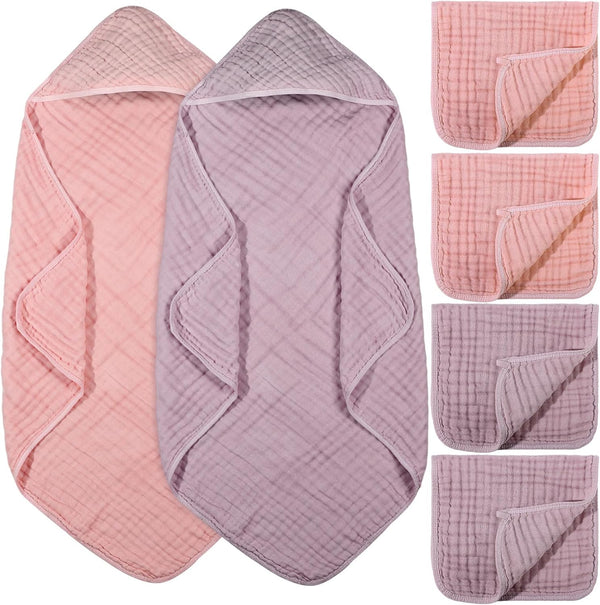 VitalCozy 6 Pcs Baby Muslin Hooded Bath Towels and Washcloths Muslin Cotton