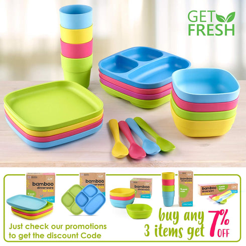 Bamboo Kids Plates, 4 Pack Set, Stackable Bamboo Dinnerware for Kids, Dishwasher Safe
