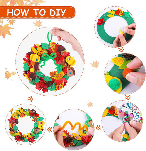 Aneco 12 Kits DIY Fall Leaf Wreath Craft Kits with Foam Leaves, Stickers, Chenille Stems for Thanksgiving