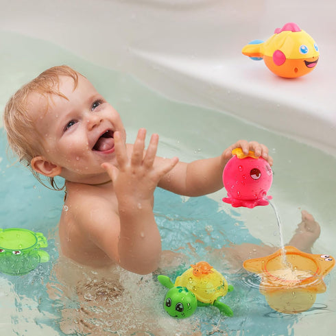 6 9 12 18 1 2 3 iPlay,iLearn Baby Bath Toys w/ Organizer, Infant Bathtub Shower Toy, Wind up Turtle, Water Squirt