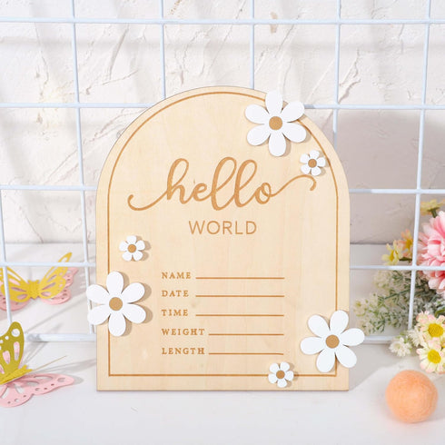 Wooden Hello World for Baby Showers - Newborn Birth Announcement Board,Daisy Wooden Baby Milestone Card,Welcome Baby