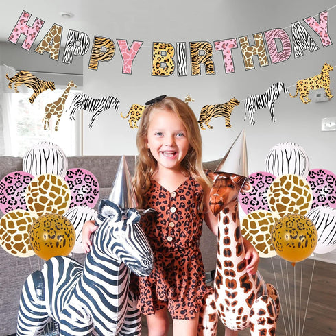 Funmemoir Pink Cheetah Birthday Decorations for Girls, Jungle Safari Theme Party with Happy Banner and Toppers