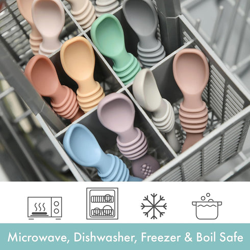 Silicone Chew Spoon Set for Babies and Toddlers, BPA Free, Microwave, Dishwasher and Freezer Safe, Earth Shades