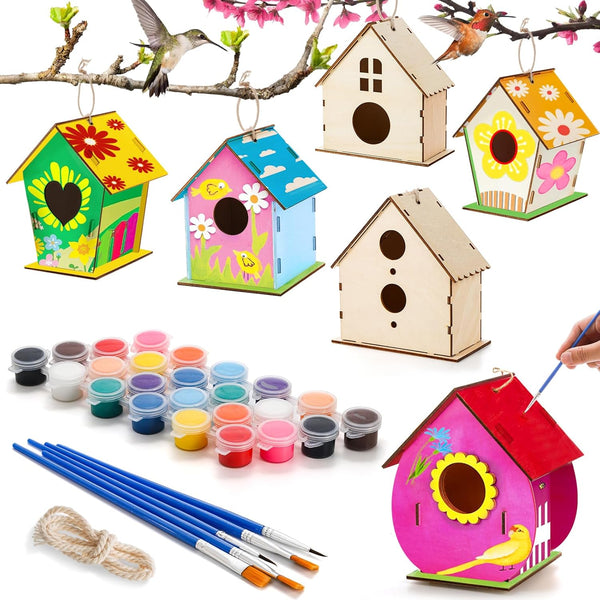 Coloch 6 Pack DIY Birdhouse Kits, Wooden Crafts for Children to Build and Paint, Includes Paints and Brushes
