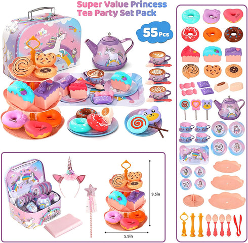 55Pcs Set Set, Set,Kids Set 3-5, 4 Tea Party for Little Girls, Princess Tea Party Unicorn Kid Tin Tea Kitchen Pretend