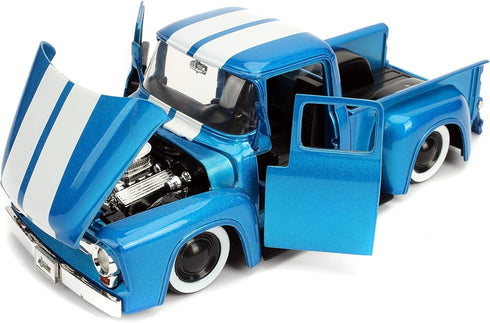 1:24 1956 F-100 Jada Just Trucks Ford Die-cast Car Blue/White Stripes with Tire Rack, Toys for Kids and Adults