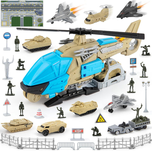 XDUOYJOY Military Helicopter Toys, Army Toys Set with 10 Vehicles, Tanks, Fighter