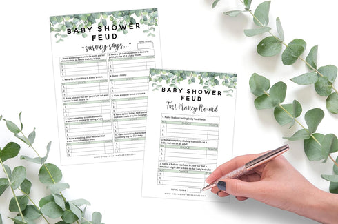Eucalyptus Baby Shower Family Feud Game Set - Your Main Event Prints, 50 Question Cards, Fun Group Activity