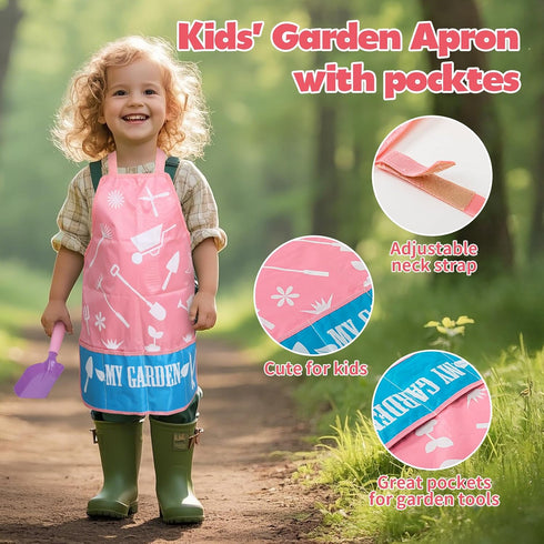 Set, Summer JOI MEW Kids Pink Gardening Tools Garden Toys w/Metal Rake, Shovel, Trowel, Watering Can, Gloves, Tote Bag