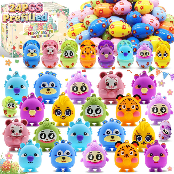 24 Pack Prefilled Easter Eggs with 3D Animal Pop Fidget Toys, Plastic