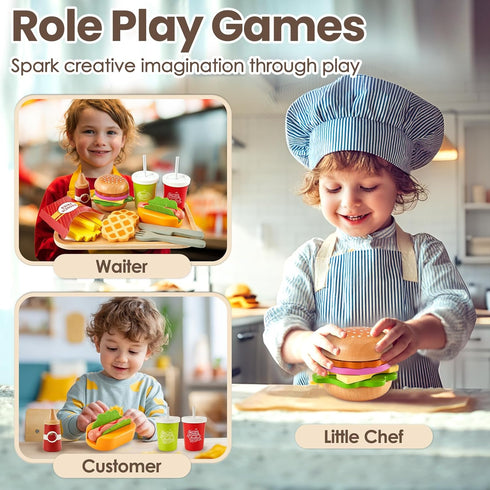 Sets Set, 3 4 5 BUYGER Play Food for Kids Kitchen, Wooden Fast Food Hamburger Play Pretend Play Kitchen Accessories Toy