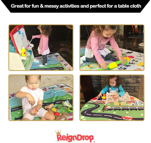ReignDrop 54" XL Splat Mat for Under High Chair- Creative Design for Art Floor Cover, Food Spills for Baby or Toddler.