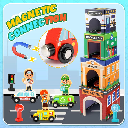 Community Baby Stacking Toys for Toddlers, Magnetic Wooden Cars & Garage Sorting Helpers Preschool Educational Learning