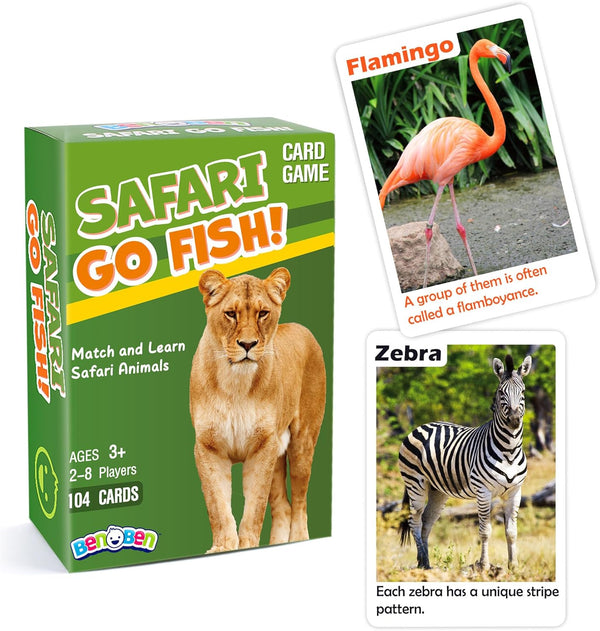 BenBen Go Fish Card Game for Kids, Jumbo Size Safari Animal Learning Cards, 104 Cards for 2-8 Players