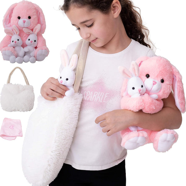 Perfectto Design Bunny Toy Set - 4 Pcs with Mommy, 2 Baby Rabbits, XL Furry Bag, and Doll Blanket for Ages 3-8