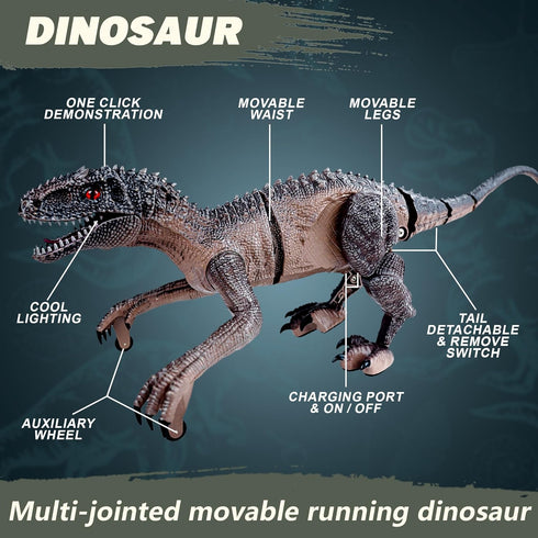 Dinosaur Toys for Kids - 2.4G Remote Control Velociraptor with 3D Eye, Shaking Head, LED Light & Roaring Sounds for 6+