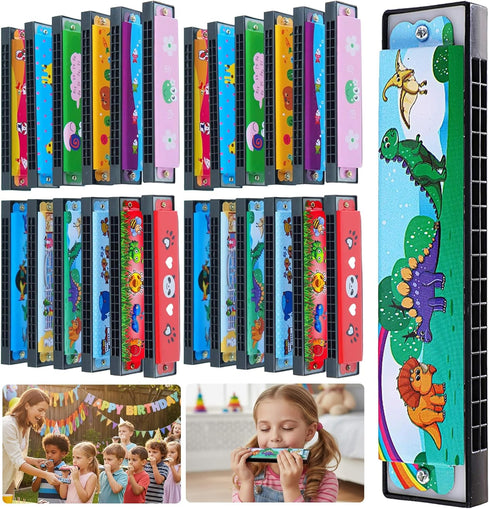 Bertork 24 Pack Kids Harmonicas Birthday Party Favors - Colorful Cartoon Music Toys