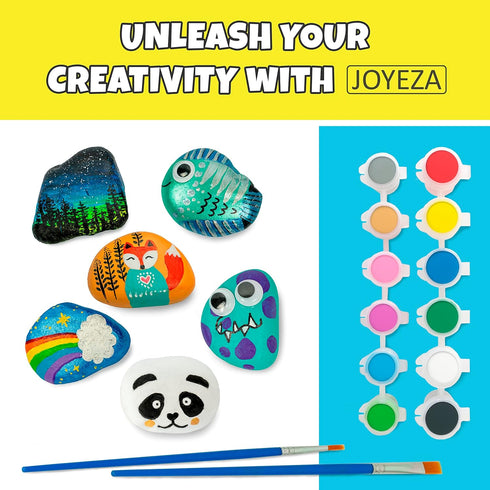 JOYEZA Rock Painting Kit Deluxe, Arts and Crafts for Girls Boys Age 6+, 12 Rocks Tween Gift Art Set, Kids Activities