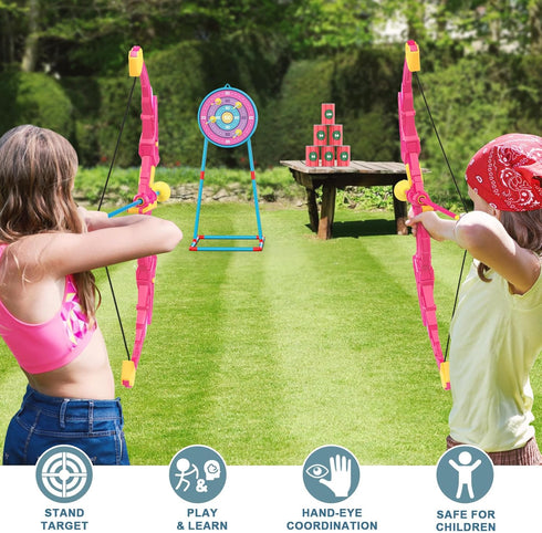 2 Pack Kids Bow and Arrow Set, Pink Light Up Archery Toy Set, Foam Dart Guns & 6 Target Cans for Ages 5-10 Birthday