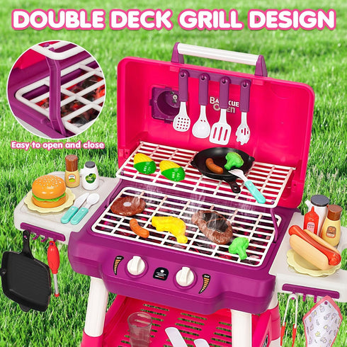 Playset 2-Layer Set 3-5, Kids Play Kitchen Toys, Kids BBQ Grill with Smoke Sound Light, Barbecue Toy with Wheels