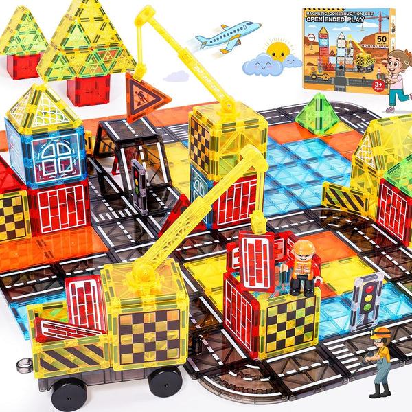 Windidi Magnetic Tiles Kids Construction Toys - Road Set with Magnet Crane for