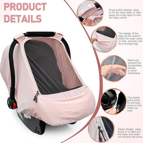 Summer/Autumn Baby Car Seat Cover,Sunproof Car Seat Canopy for Babies, Extra Large Mesh Window Baby Car Seat Sun Shade