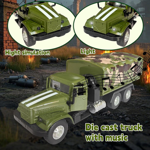 OTONOPI Military Truck Armored Vehicle Die Cast Metal Alloy Pull Back Toy Car Army Transport Model for Kids with Lights