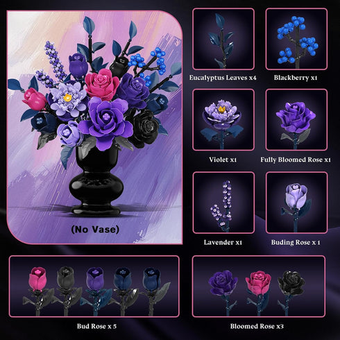 Set 17 887PCS HiWEEGO Flowers Bouquet Building with LED Light - Artificial Flowers Toy, Purple Roses Botanical