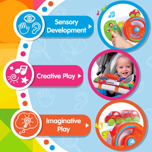 HAP-P-KID 6 7 8 9 10 11 12 1 My First Baby Stroller Toy, Toddler Steering Driving Wheel, Car Seat Educational Learning