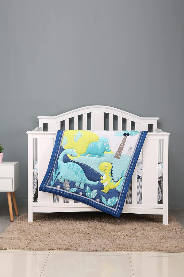 CribMATE 3 PCs Blue Dinosaur Nursery Crib Bedding Set Quilt + Fitted Sheet