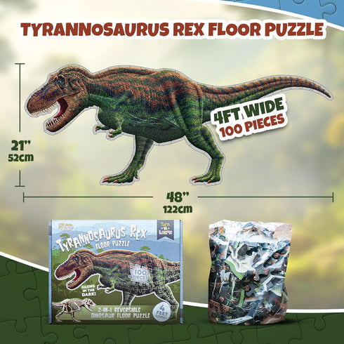 100-Piece 4 Tyrannosaurus Rex Dinosaur Jigsaw Puzzle | Double Sided Floor Puzzle with Glow-in-The-Dark Skeleton On