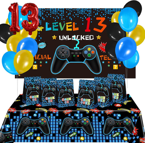 13th Birthday Decorations for Boys - 69 Pieces Video Game Party Supplies, Blue Gamer Balloons, Backdrop