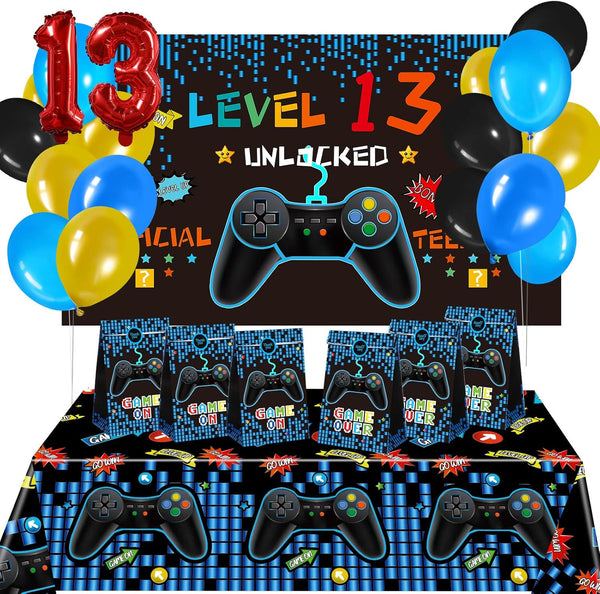 13th Birthday Decorations for Boys - 69 Pieces Video Game Party Supplies, Blue Gamer Balloons, Backdrop