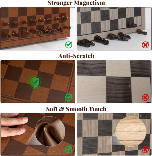 Set 15.4" Strong Magnetic Chess for Adults & Kids, Leather Chess Board & Handcrafted Wooden Chess Pieces with Storage