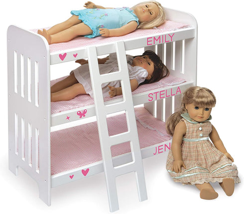 Badger Basket Triple Doll Bunk Bed with Ladder, Bedding, Personalization Kit for 20 inch Dolls - Pink Gingham
