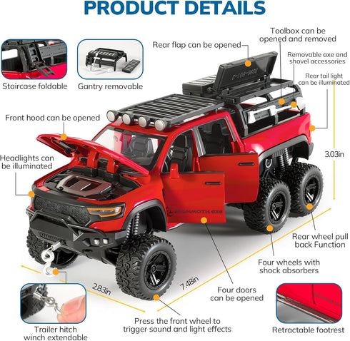 FRJV 1/32 Mammoth 4-7Red Toy Trucks for Boys Diecast Trucks Model Truck,Collectible Pickup Truck Model Kit,Pull Back