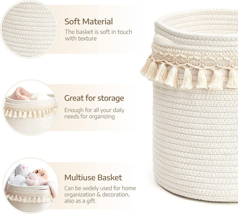 Closet 11"x11" Mkono Macrame Decorative Cotton Rope Basket Boho Nursery Decor Small Cute Woven Tassel Storage Bins