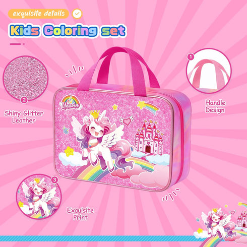DreamyCandy 73PCS Set 4-6-8,Kids Unicorn Washable Markers with Glitter Pencil Case, Art Supplies and Craft for Girls
