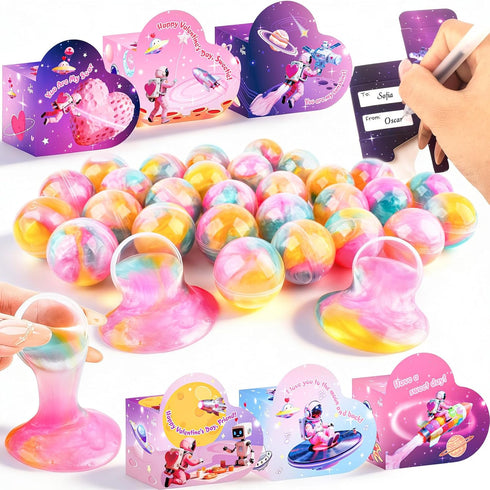 Dreunsto 30 Pack Valentines Day Gifts for Kids with Galaxy Slime, Valentine Classroom