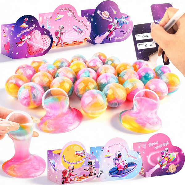Dreunsto 30 Pack Valentines Day Gifts for Kids with Galaxy Slime, Valentine Classroom