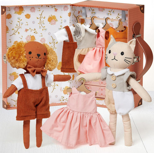 Set 3+ Golray Portable Dress Up Plush Doll with Storage Case, Cat & Dog Stuffed Animal Toys, Doll Clothes with Wooden