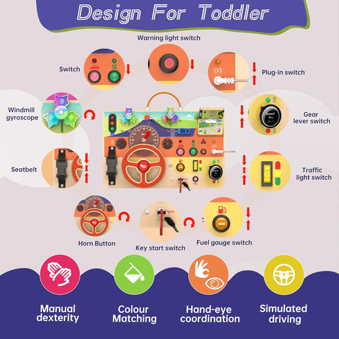 1-3 1+ Busy Board Montessori Toys for Toddlers with Steering Wheel, Lights & Switches, Wooden Driving Activity Board |