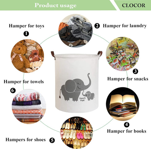 CLOCOR Collapsible Round Storage Bin, Large Storage Basket, Clothes Laundry Hamper, Toy Storage Bin (Love Elephant)