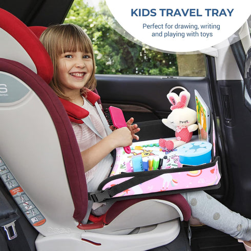 COOLBEBE 2 8 Kids Travel Tray for Toddler Car Seat, Portable Car Seat Lap Tray with Cup Holders & Markers, Pink Unicorn