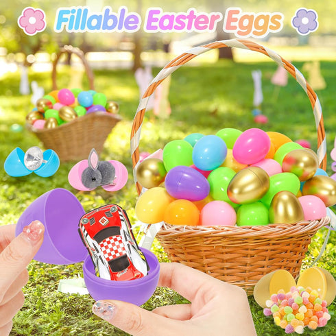 100Pcs 2.4" SevenQ Plastic Easter Eggs Fillable, Empty Colorful and Golden Eggs for Easter Basket Stuffers Gifts