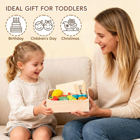 34Pcs Sets Set 3+ Wooden Play Food for Toddlers - Velcro Fruit and Veggies with Basket & Chopping Board, Play Food