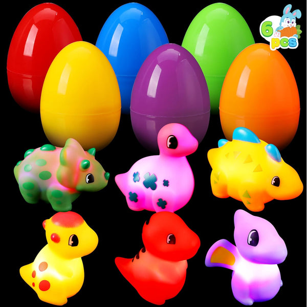 JOYIN 6 Pcs Pre-Filled Easter Eggs with Light-up Floating Dinosaur Bath Toys