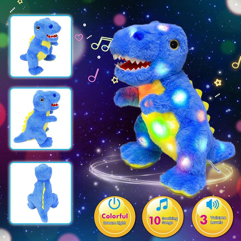 12" Cuteoy Light-up Singing Plush Blue Dinosaur LED Musical Stuffed Animal T-Rex Adjustable Volume Lullaby Plushies